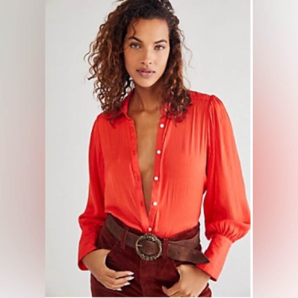 NWT, Free People Serena Silky Shirt, Size- XS, Color - Heatwave